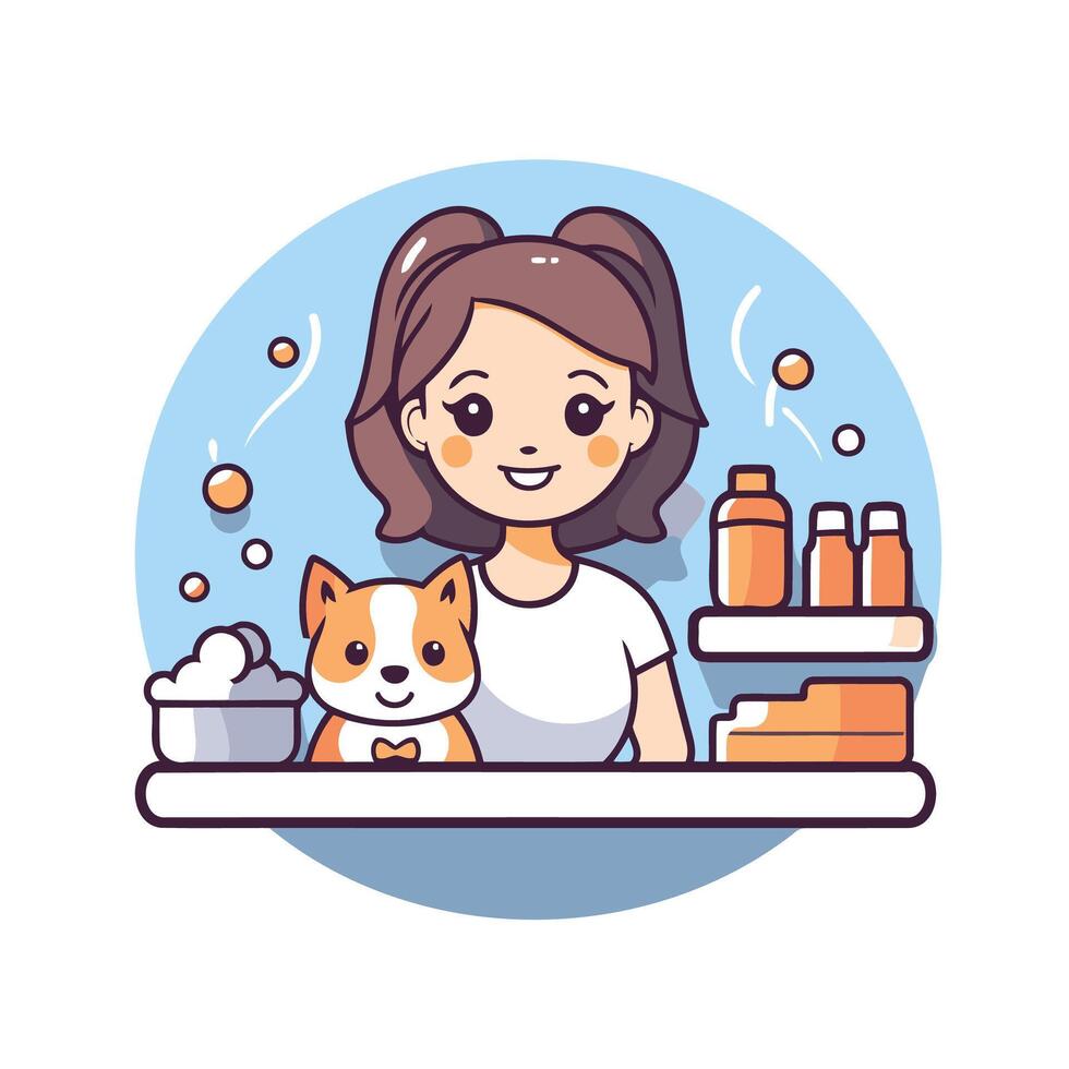A woman with a dog and a bottle of shampoo vector