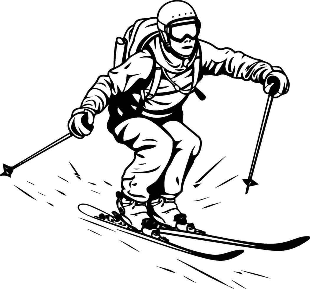 A black and white drawing of a skier vector