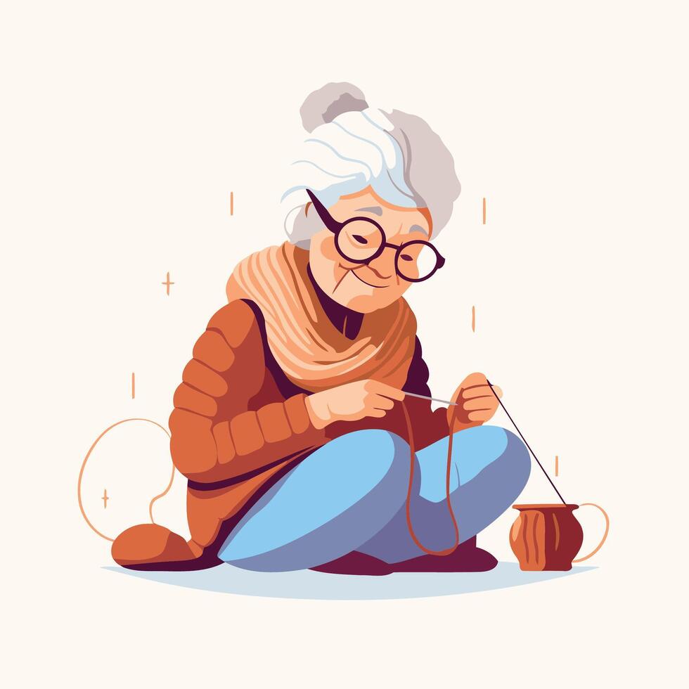An illustration of an old woman knitting vector