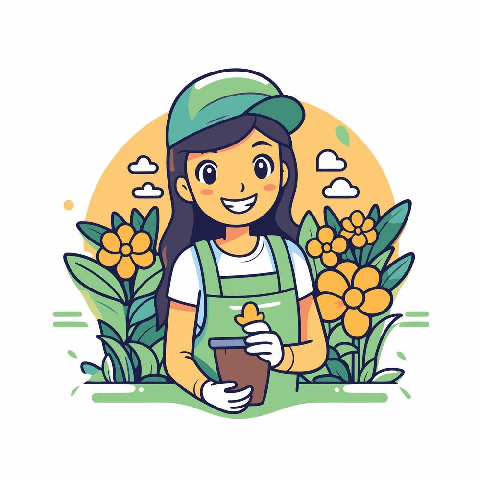 A woman in an apron holding a flower pot vector