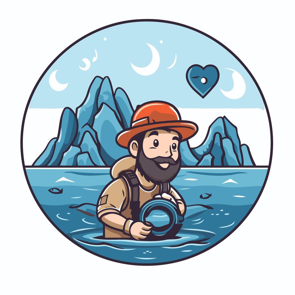 A man with a hat and beard is holding a fishing rod vector