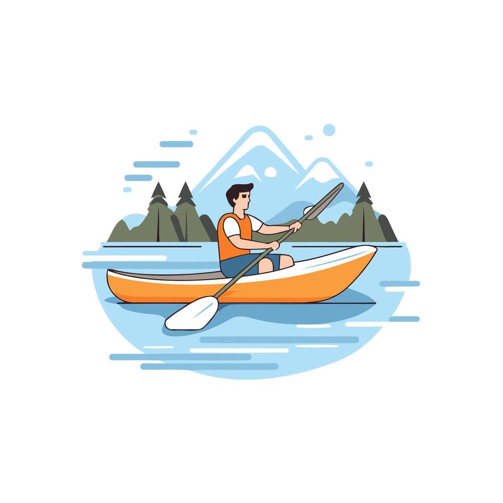 Man in a canoe on the lake with mountains in the background vector