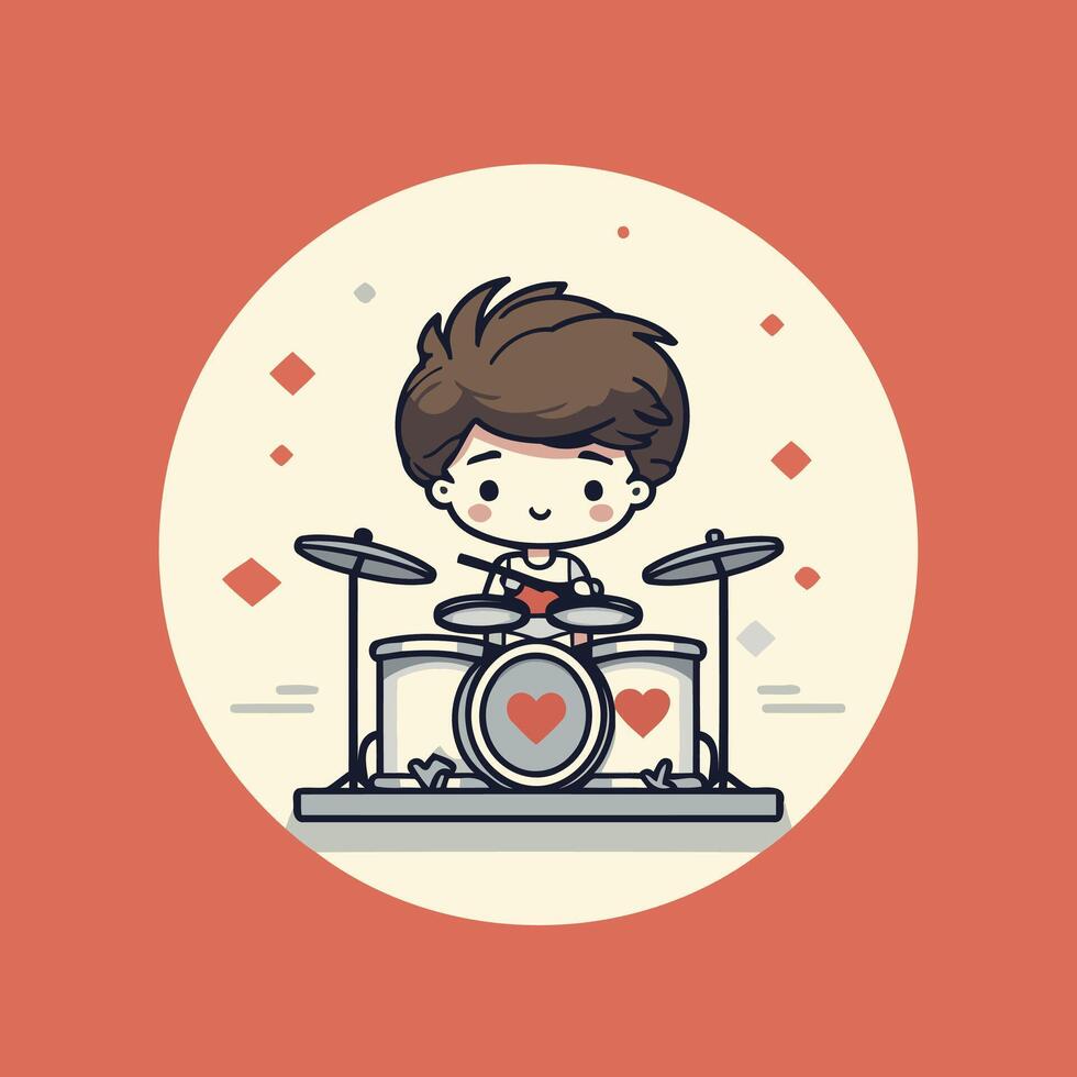 A cartoon boy playing the drums on a drum kit vector