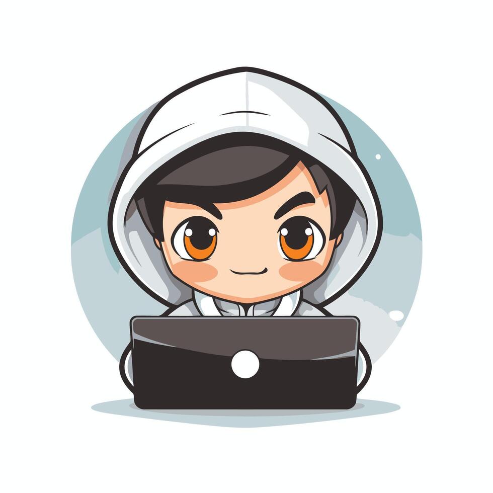 A cartoon boy in a hoodie with a laptop vector