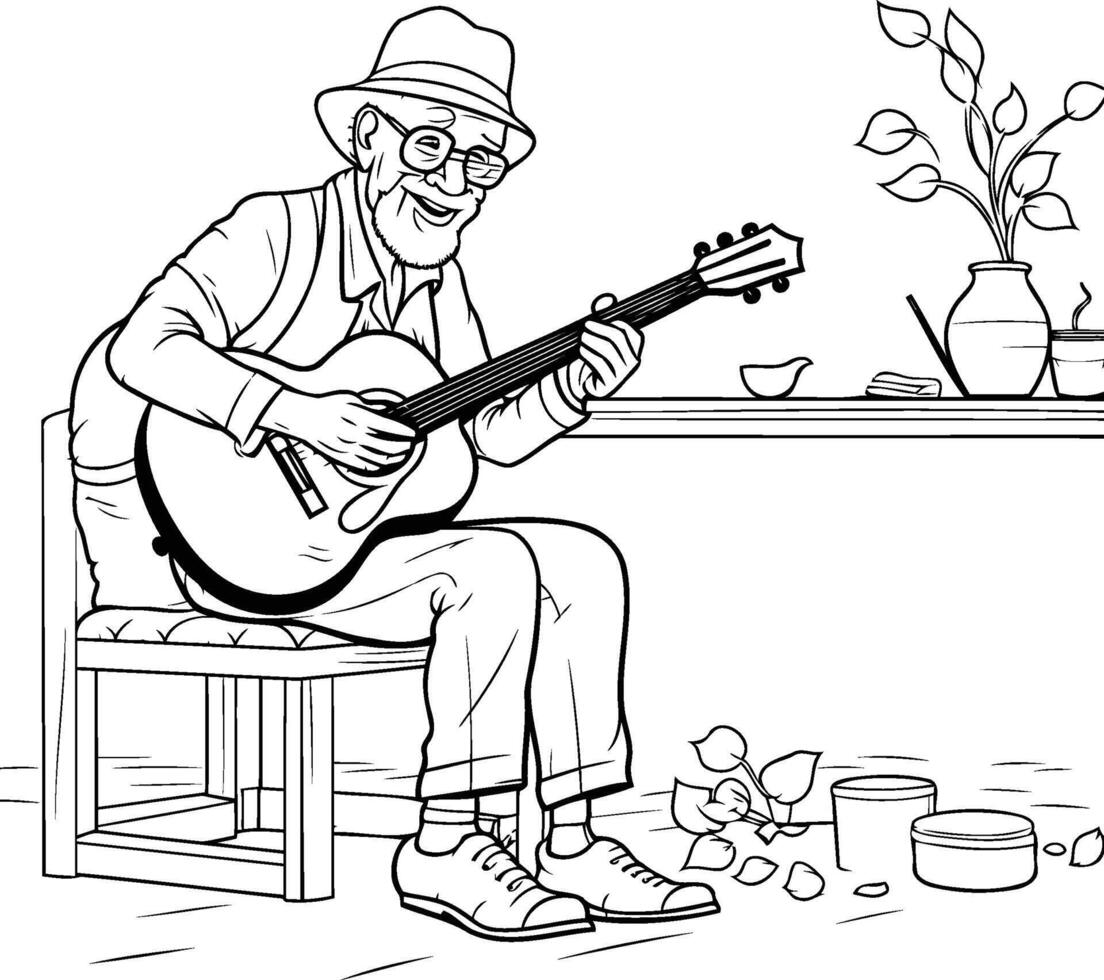 An old man playing the guitar coloring page vector