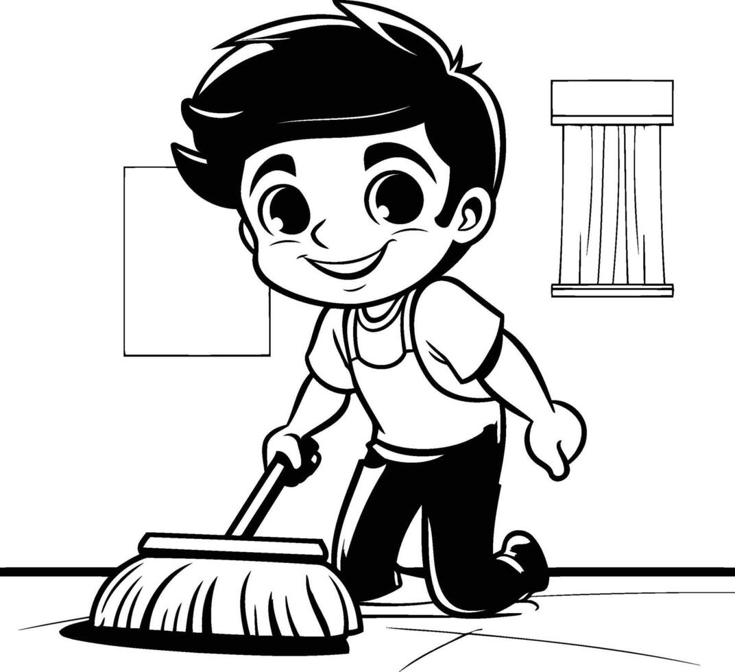 A boy sweeping the floor coloring pages vector