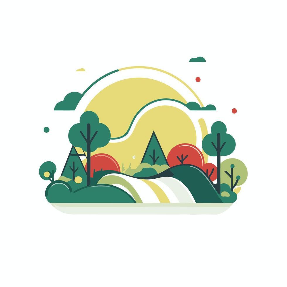 A flat design of a forest with trees and sun vector