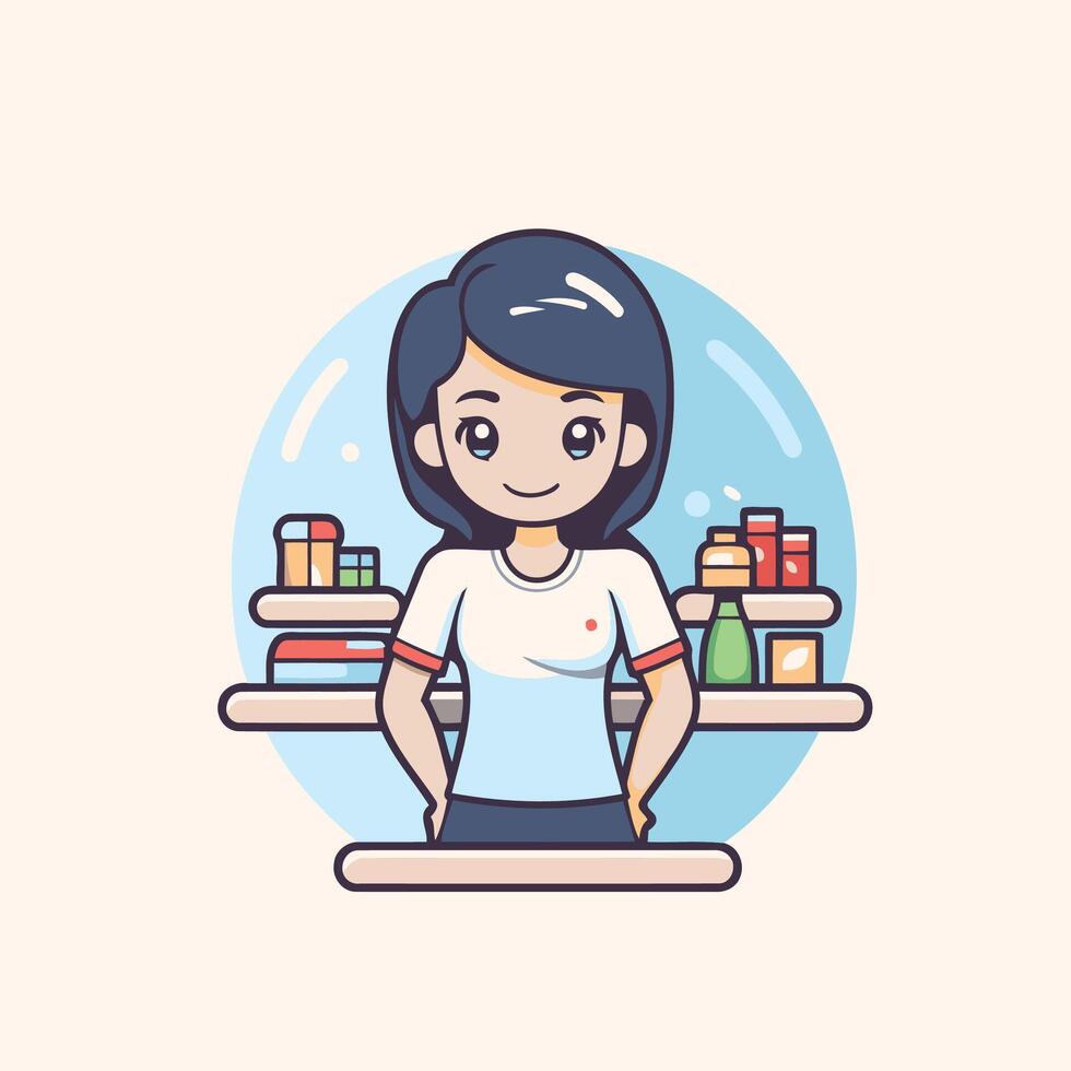 A woman in a white shirt standing in front of shelves vector