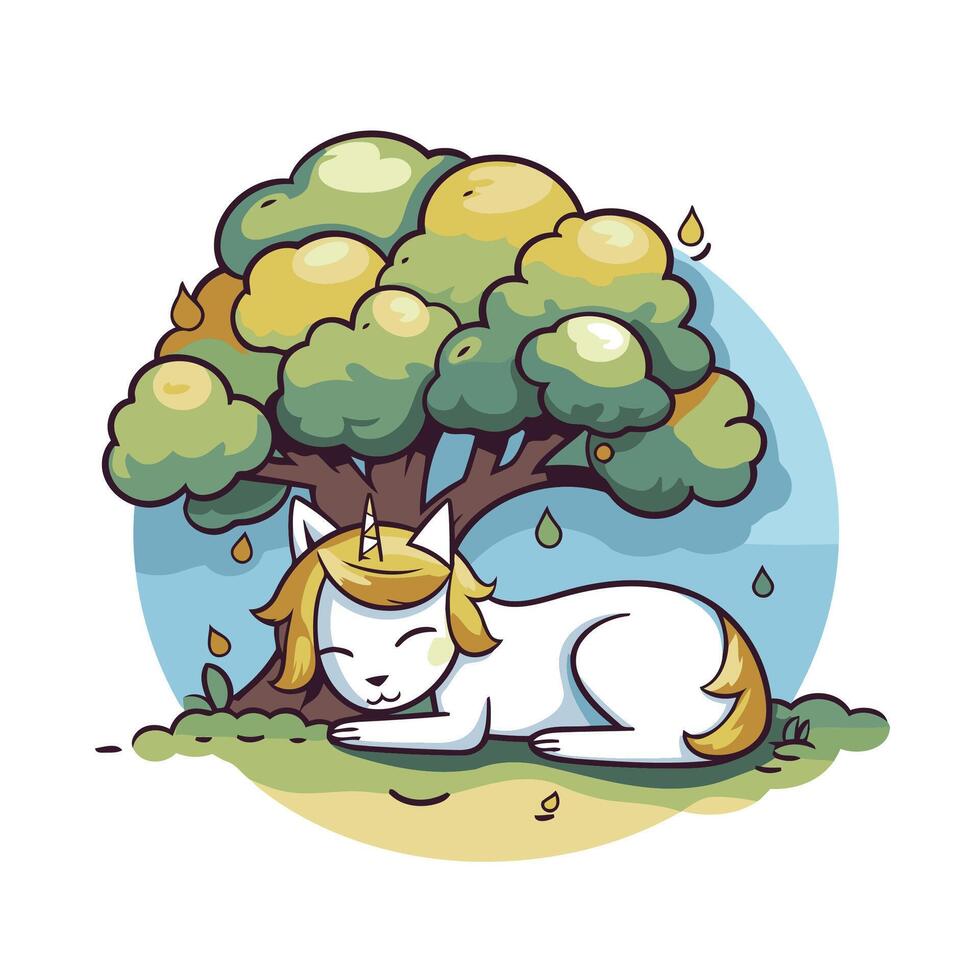 A cartoon unicorn sleeping under a tree vector