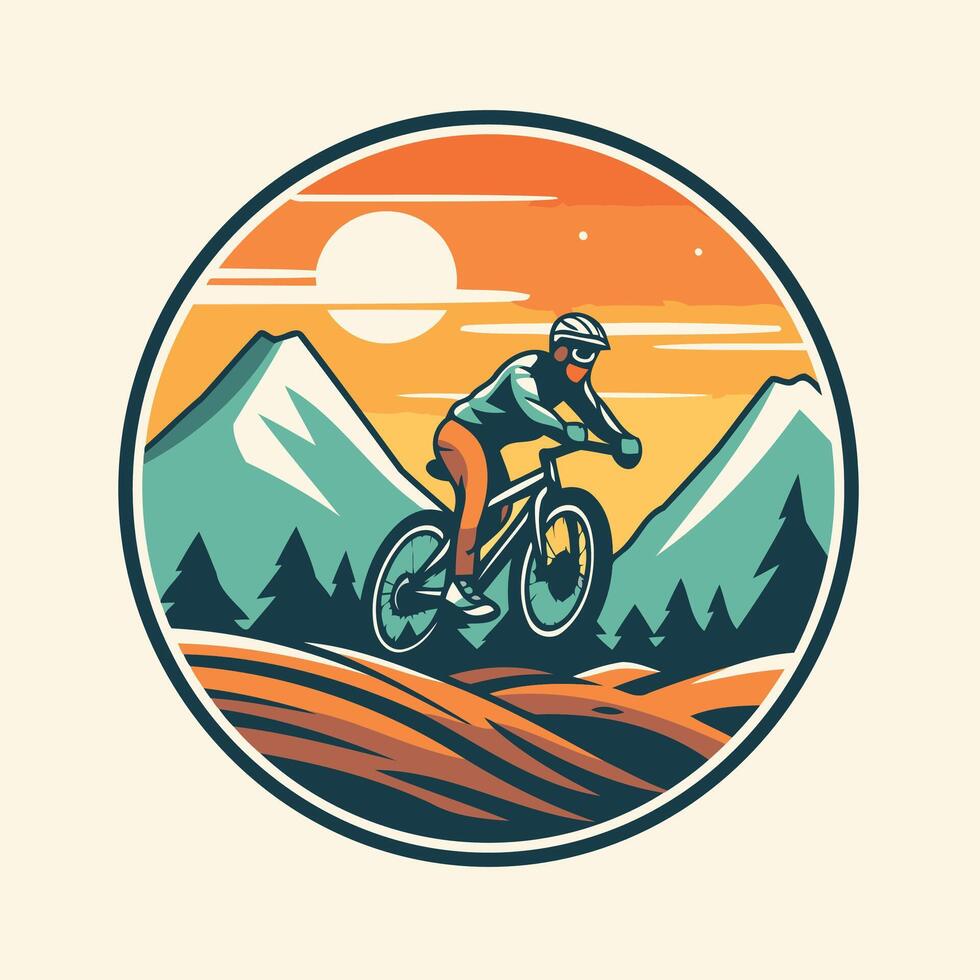 Mountain biker riding on the mountain at sunset vector