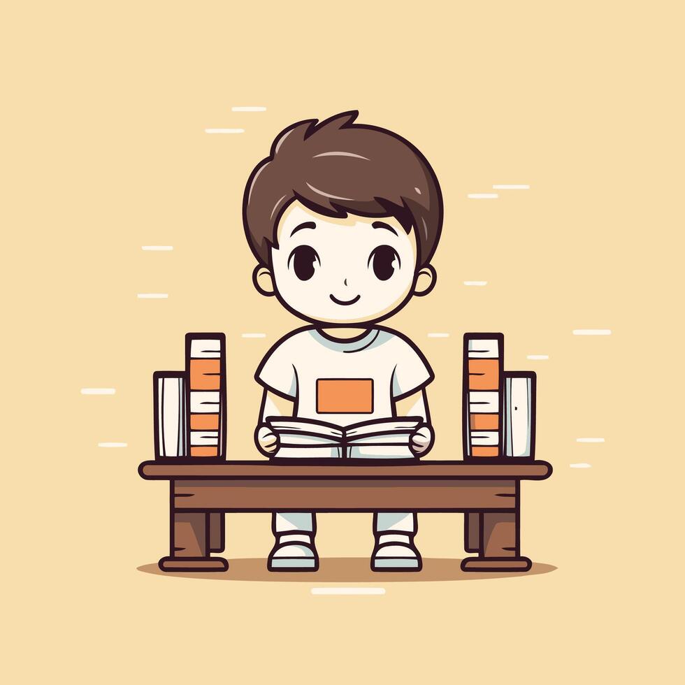 A boy sitting at a table with books and a book vector