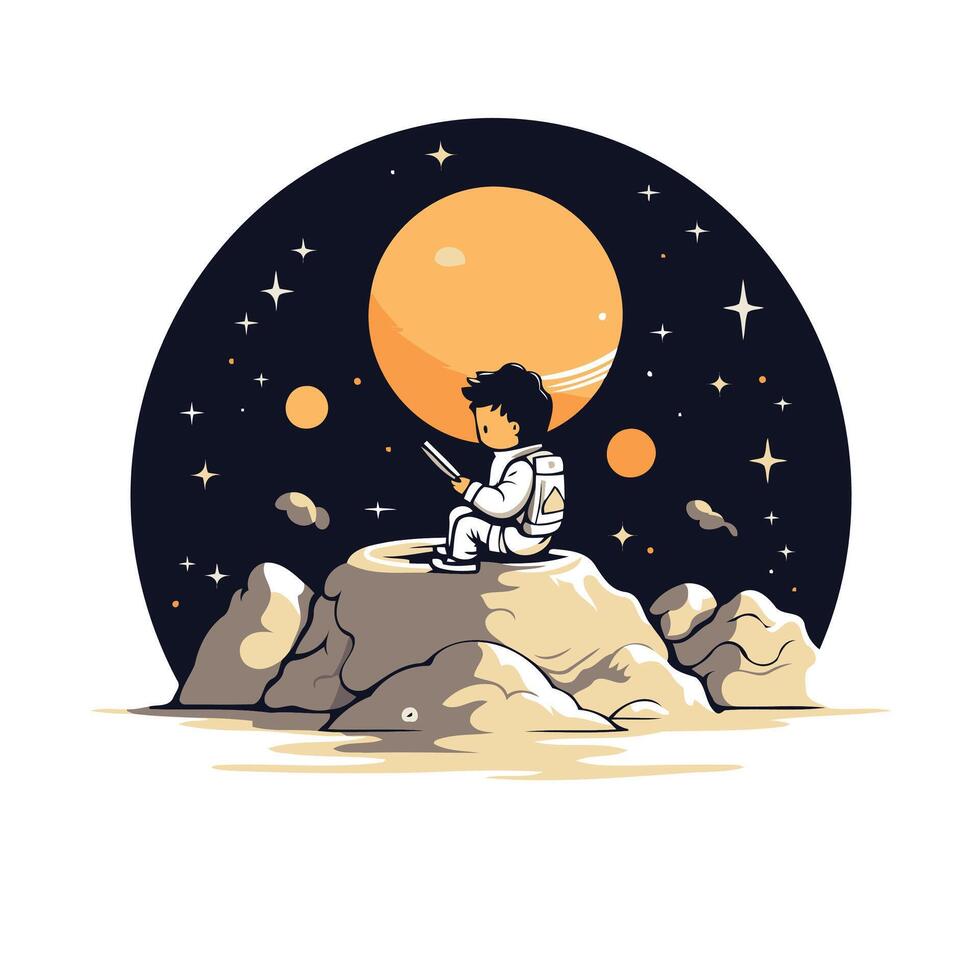 An astronaut sitting on the moon with a planet in the background vector