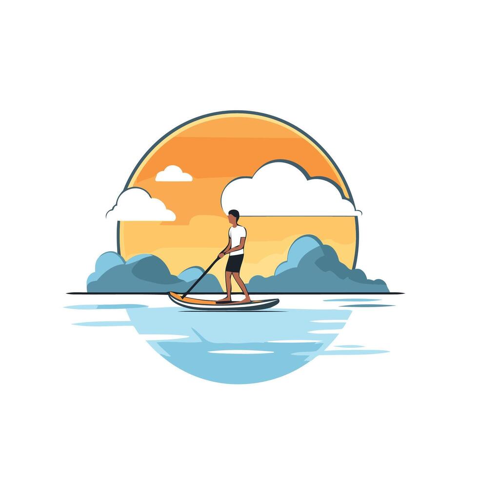 A man is paddling a paddle board on the water vector