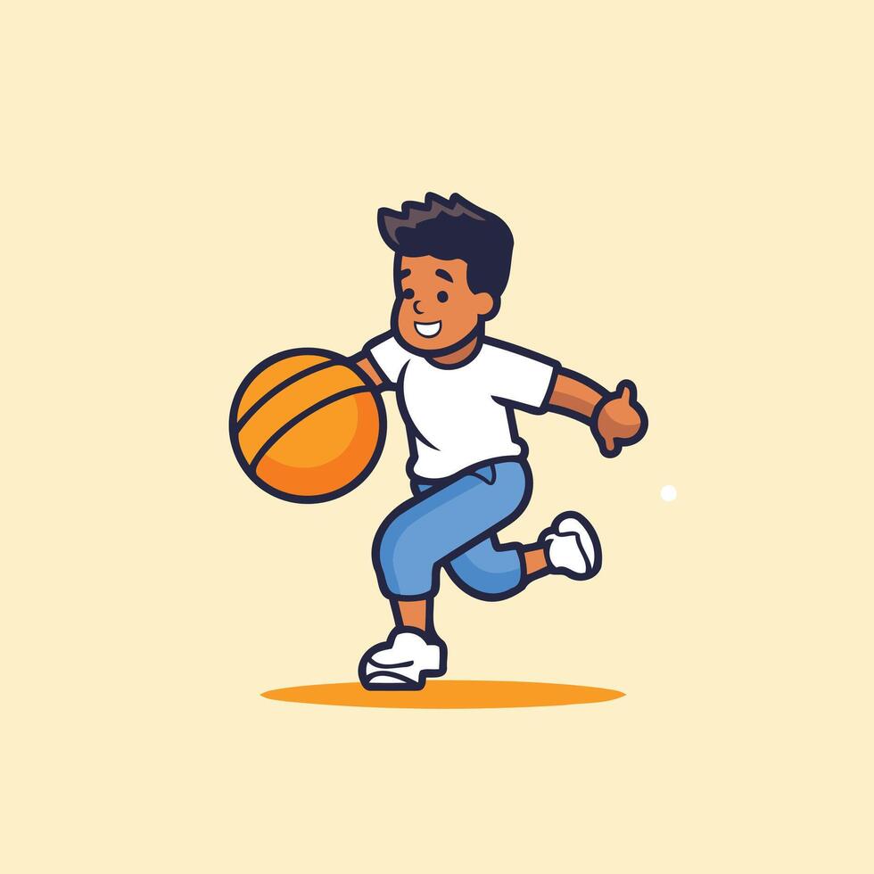 A cartoon boy playing basketball on a yellow background vector