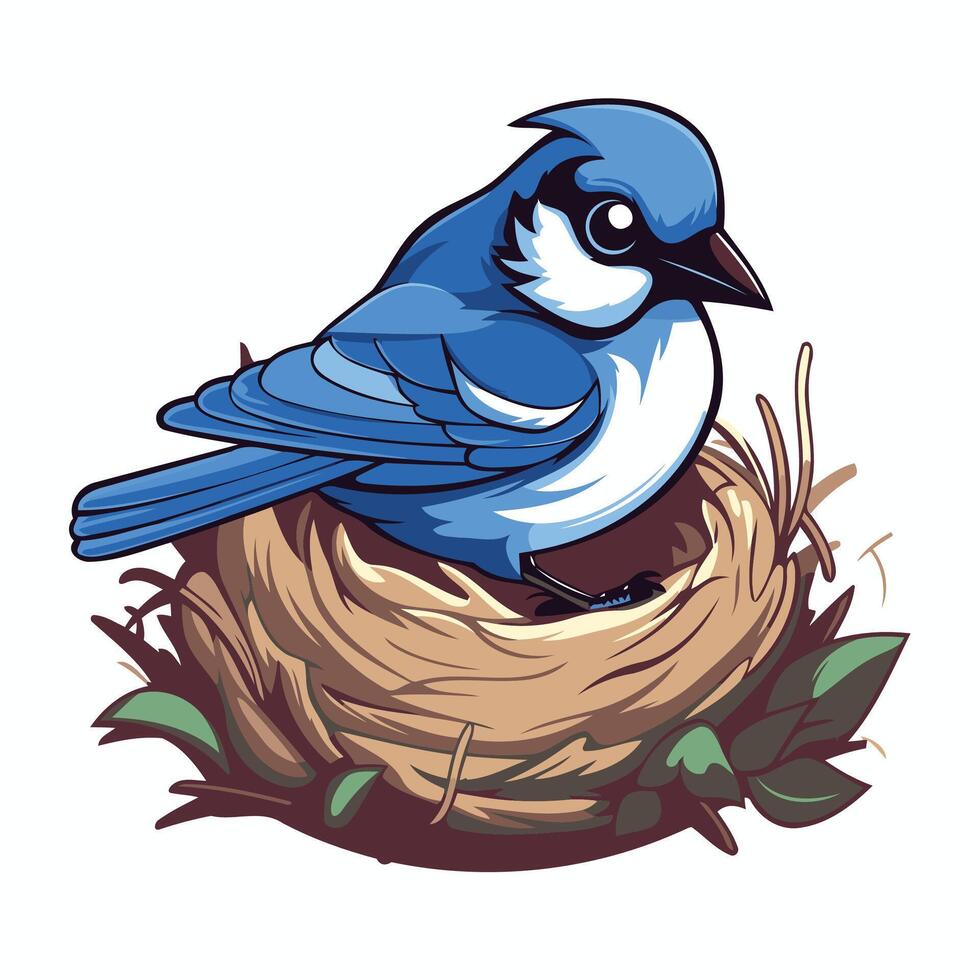 A blue bird sitting in a nest on a white background vector