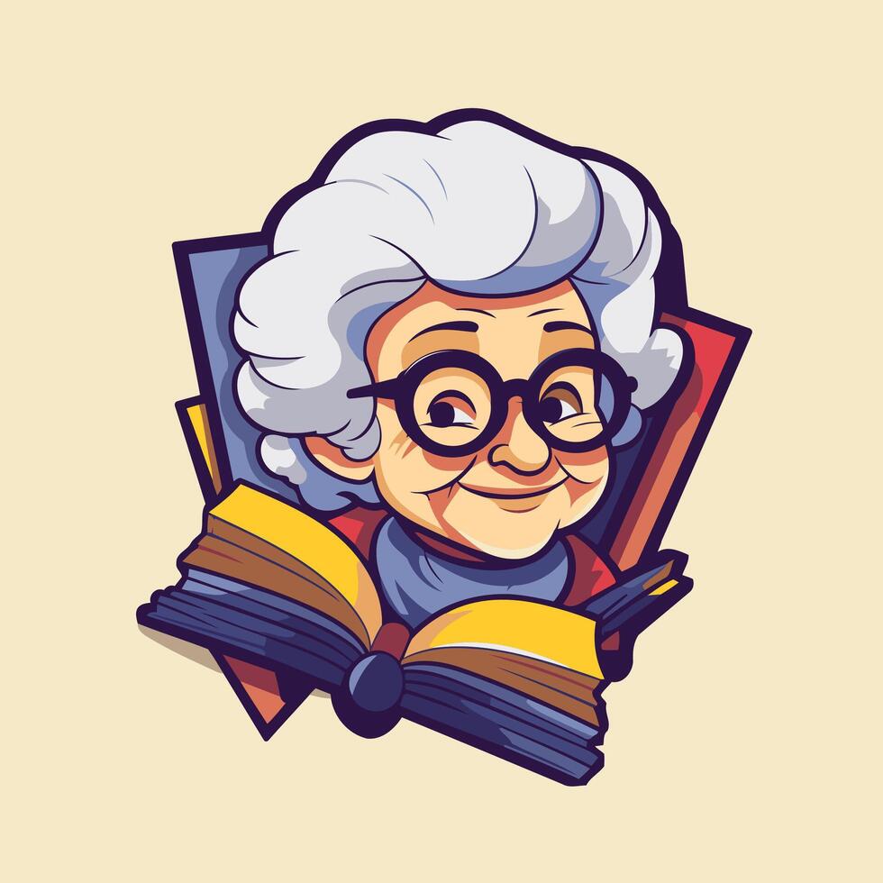An old woman with glasses reading a book vector