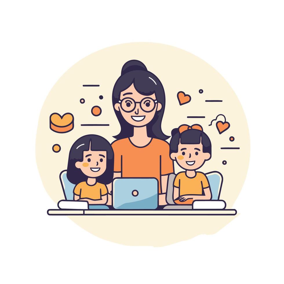 Mother and children working on laptop, illustration vector