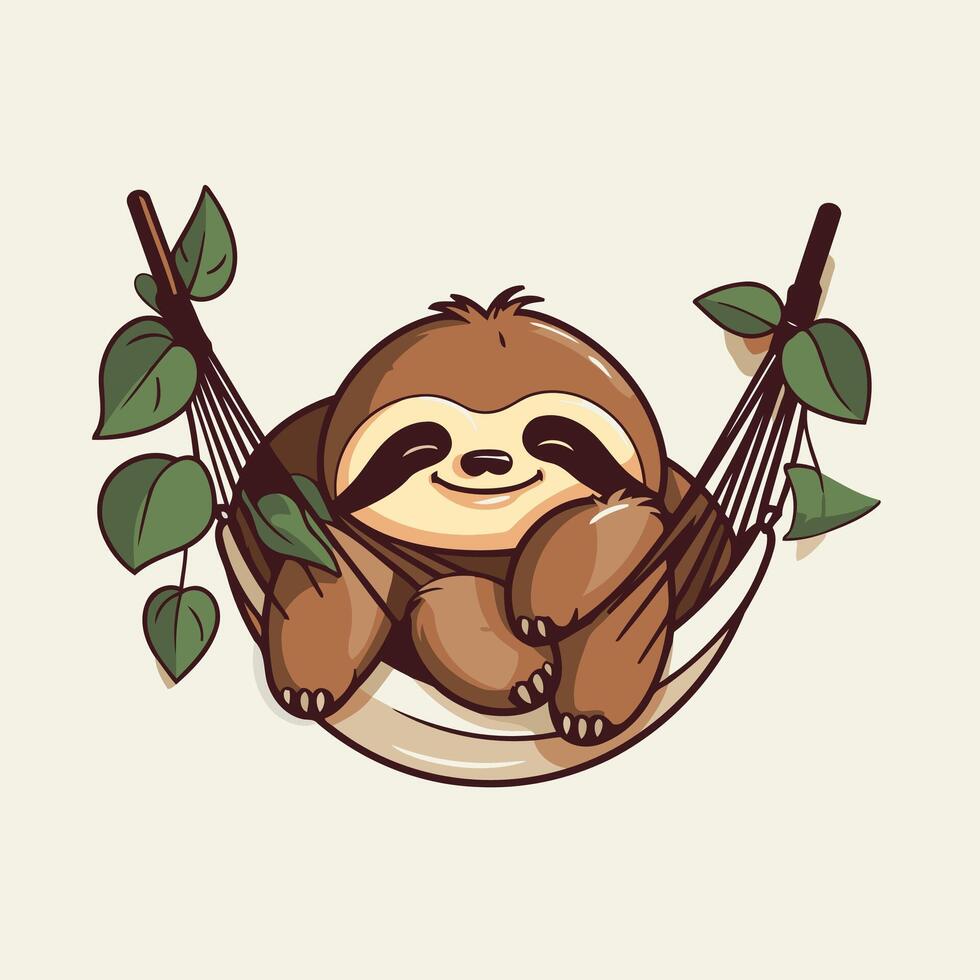 A cartoon sloth in a hammock with leaves vector