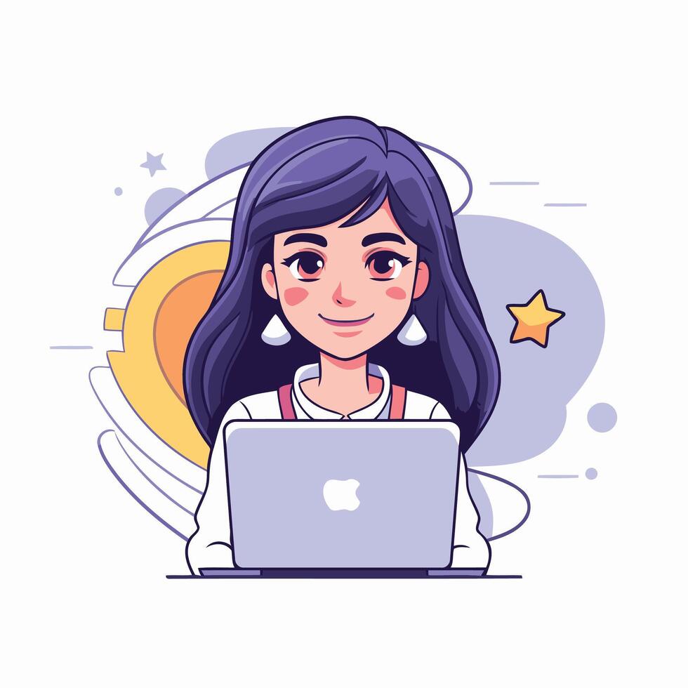 A woman with long hair sitting at a laptop vector