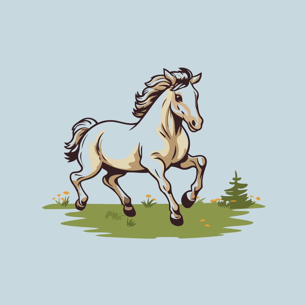 A horse running in the grass with trees in the background vector
