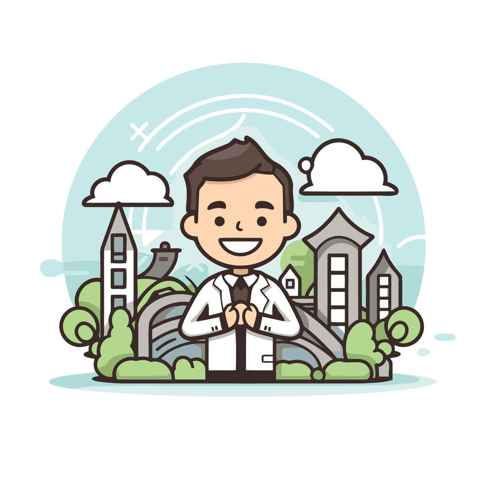 A cartoon doctor with a city in the background vector