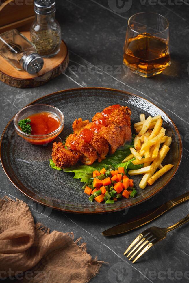 A chicken cordon bleu or schnitzel cordon bleu is a dish of meat wrapped around cheese, then breaded and pan-fried or deep fried. photo