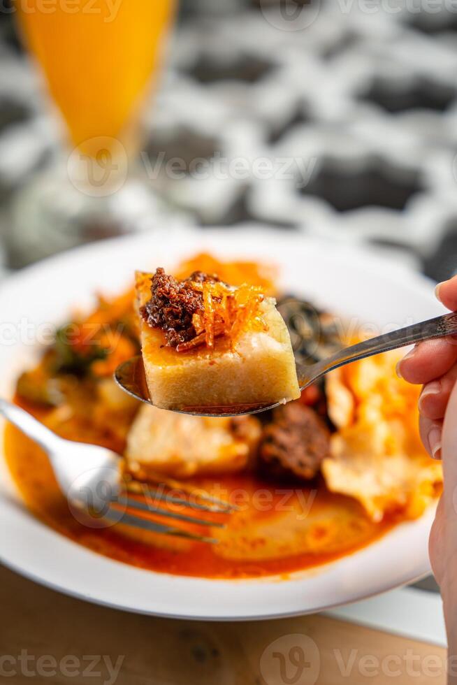 Lontong sayur or vegetable rice cake is an Indonesian traditional rice dish made of pieces of lontong served in coconut milk soup with shredded chayote, tempeh, tofu, hard-boiled egg, sambal, rendang photo