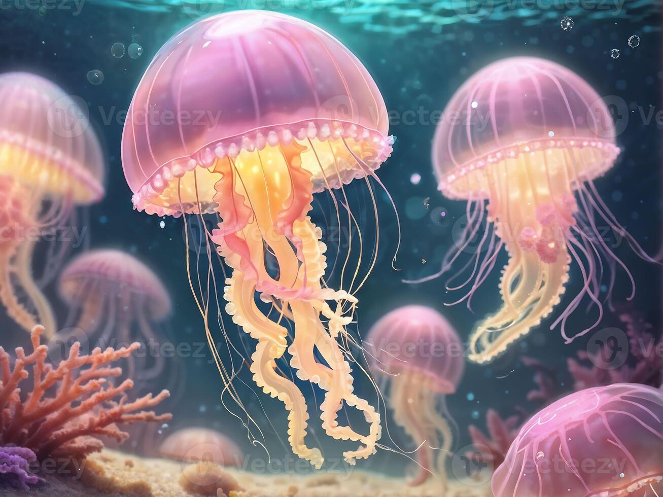 Soft pink and light yellow jellyfish There is a sparkling light under the sea photo