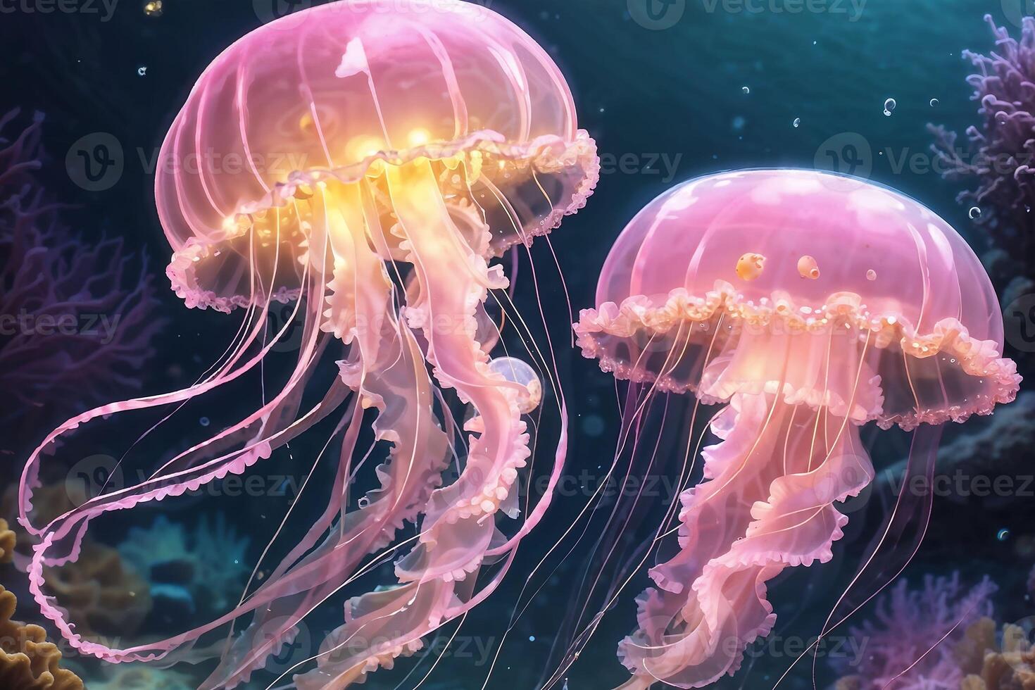 Soft pink and light yellow jellyfish There is a sparkling light under the sea photo