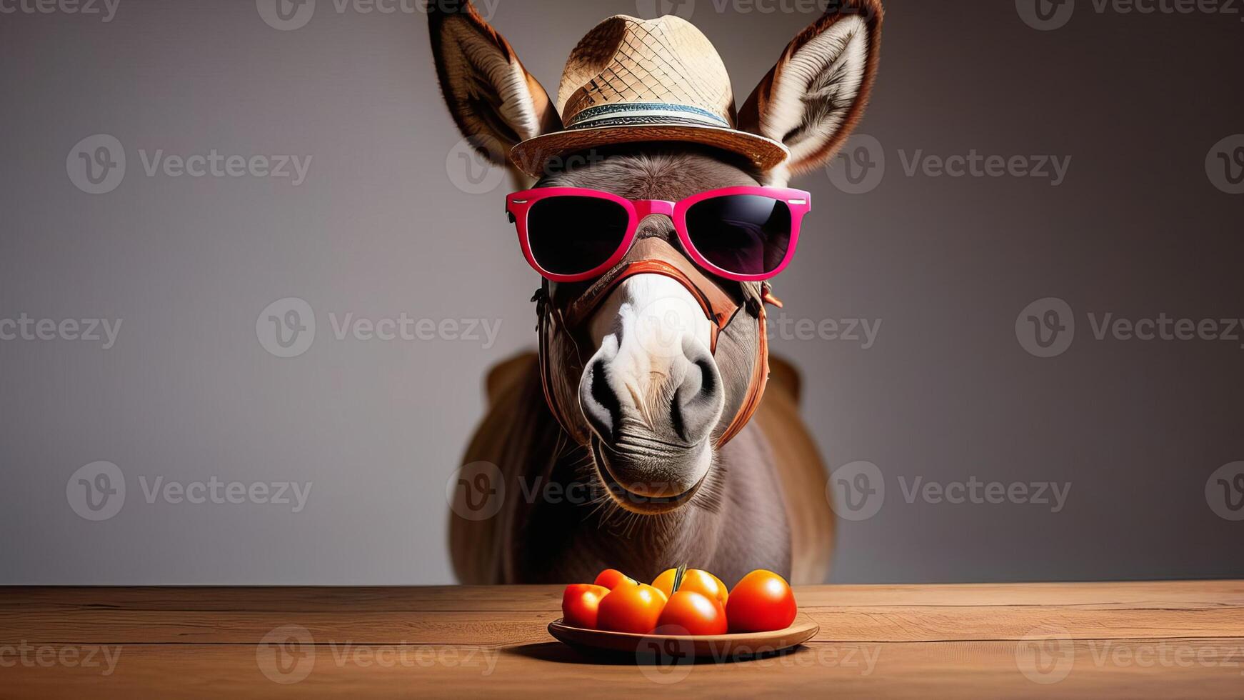 donkey in a hat and sunglasses, standing in front of the table with a tomatoes photo