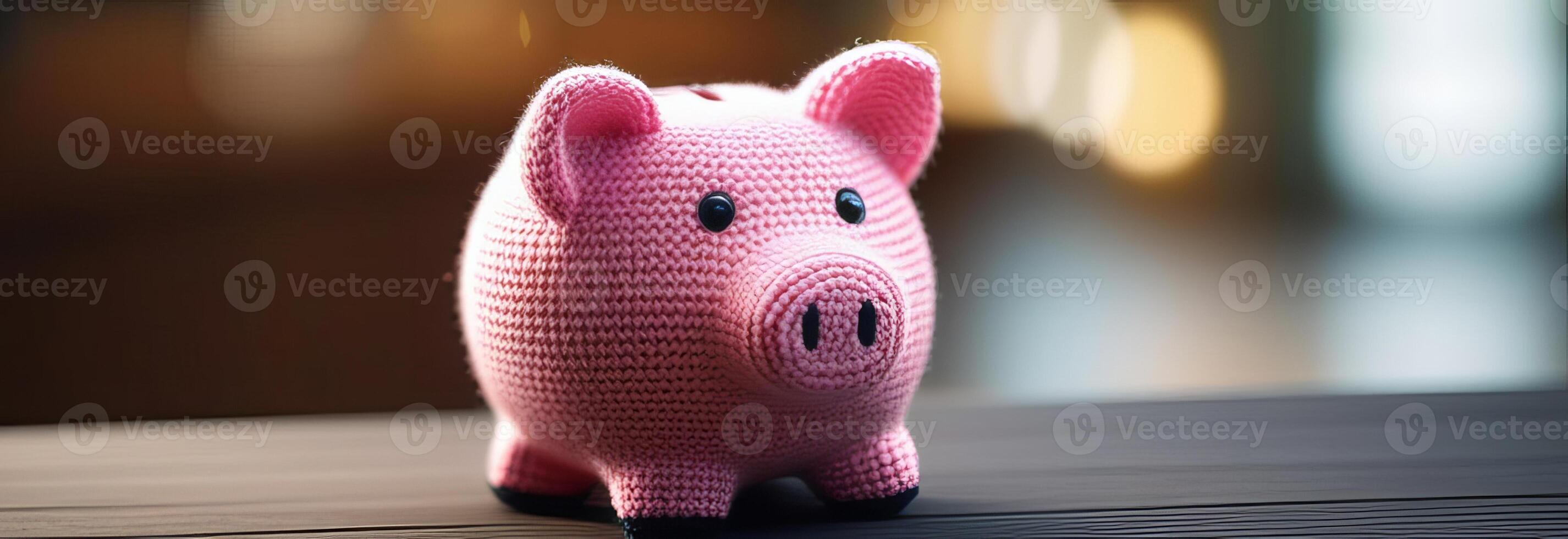 Crocheted pink piggy bank on wooden surface, blurred background. photo