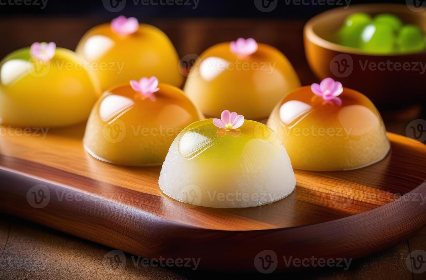 Delicious Japanese sweets with flower decorations on wooden tray. photo
