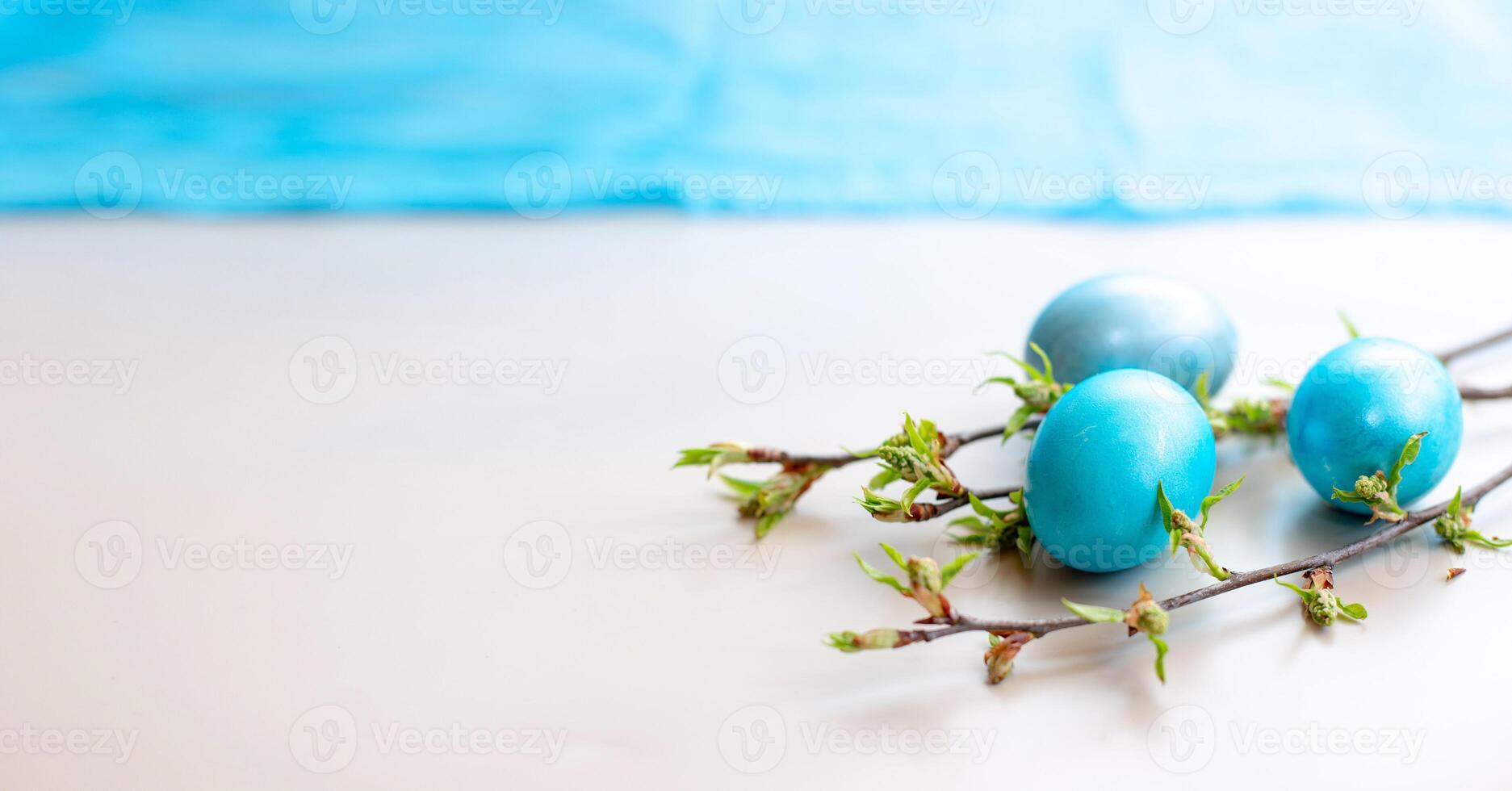 Three blue Easter eggs, and spring twigs with green leaves on a white table, photo