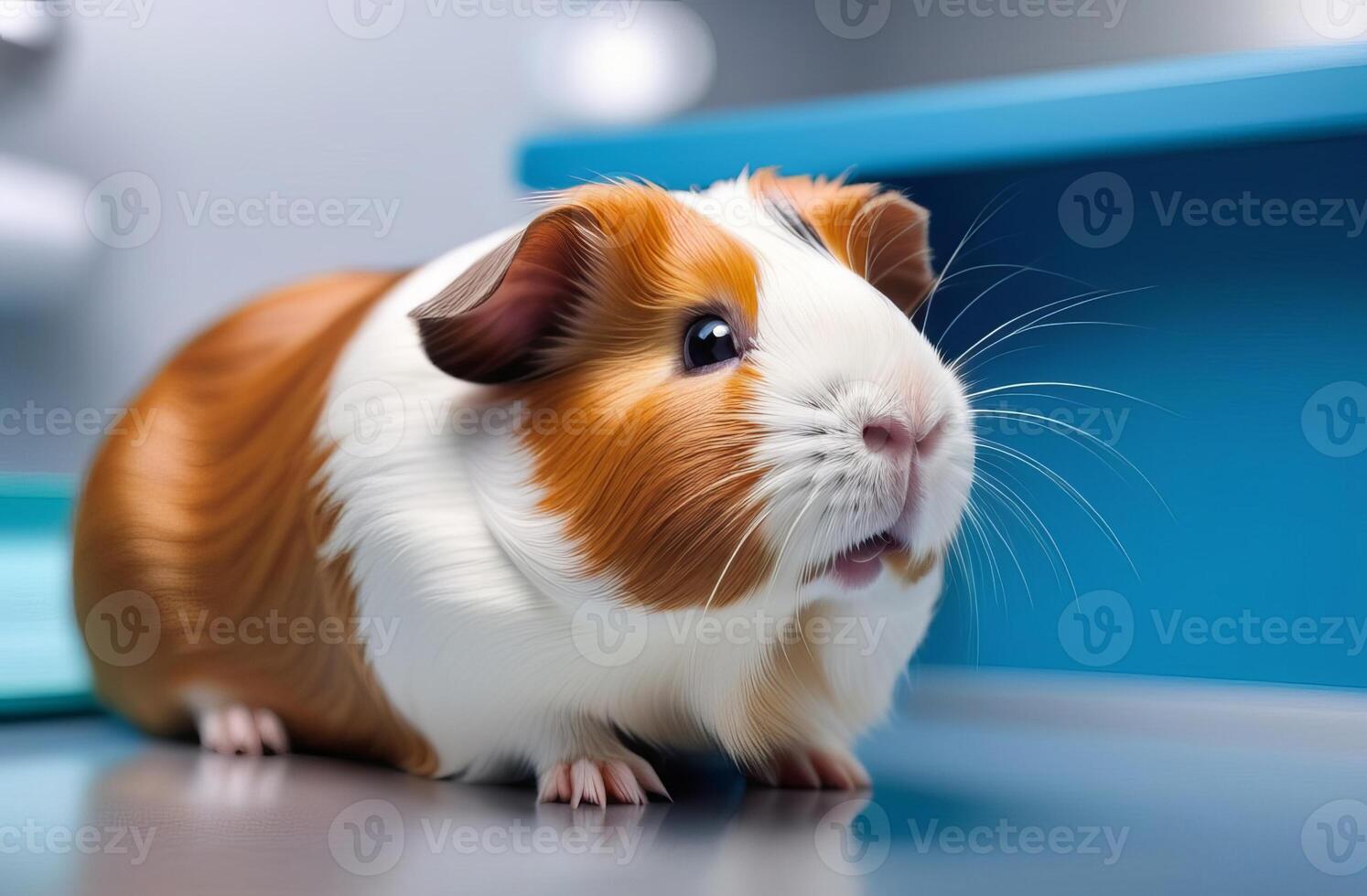 A cute golden guinea pig lie on a table in the blue veterinary office photo