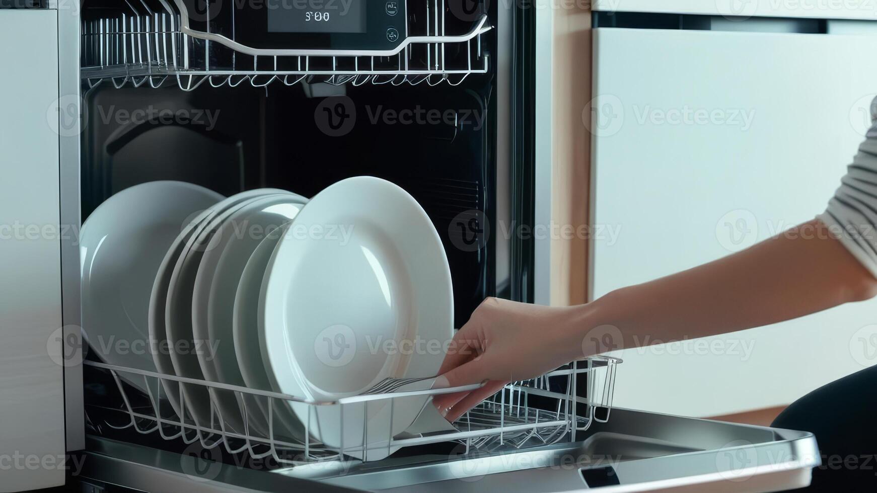Close up of a hand of woman taking out clean plates from dishwasher machine photo