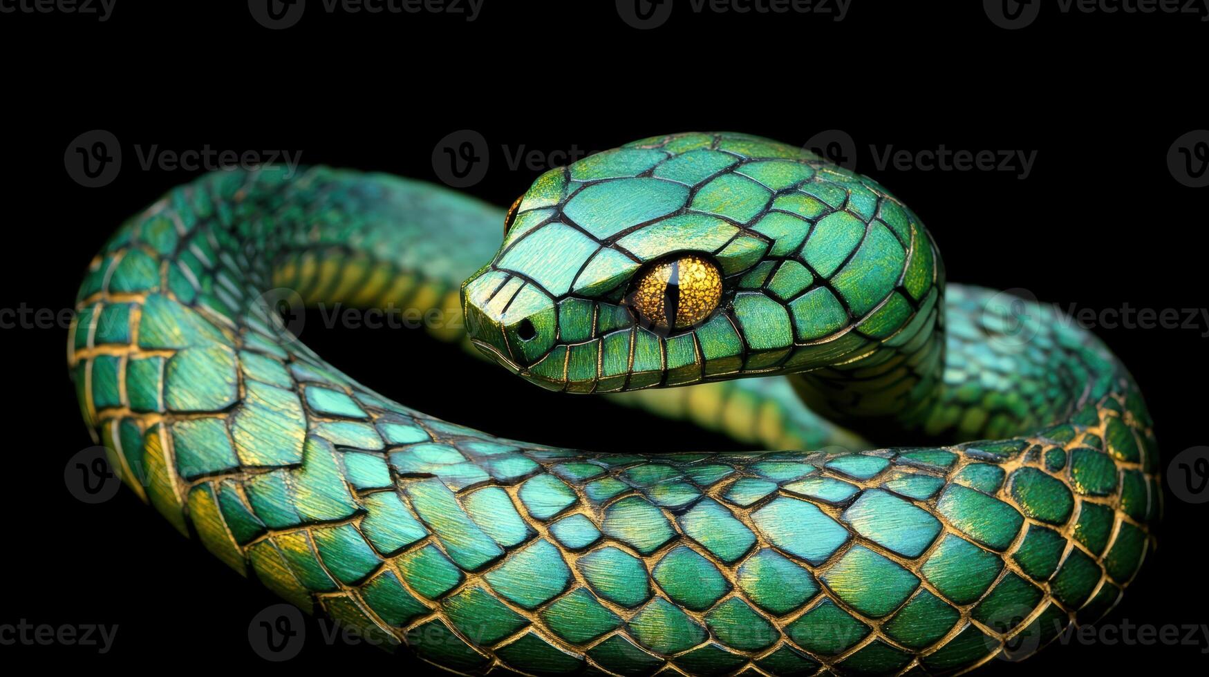 Intricately carved green snake with bright emerald eyes, symbolizing 2025. photo