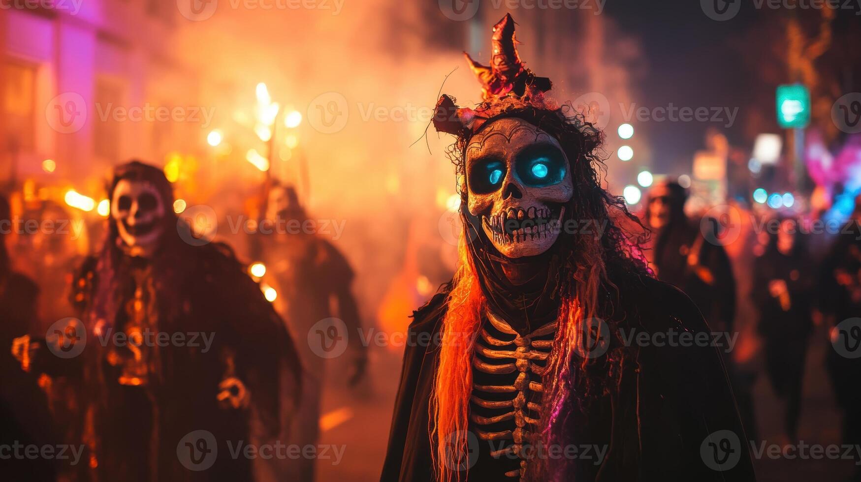Crowd dressed in skeleton costumes during a nighttime Halloween parade, holding glowing lanterns and creating a spooky festive atmosphere. photo
