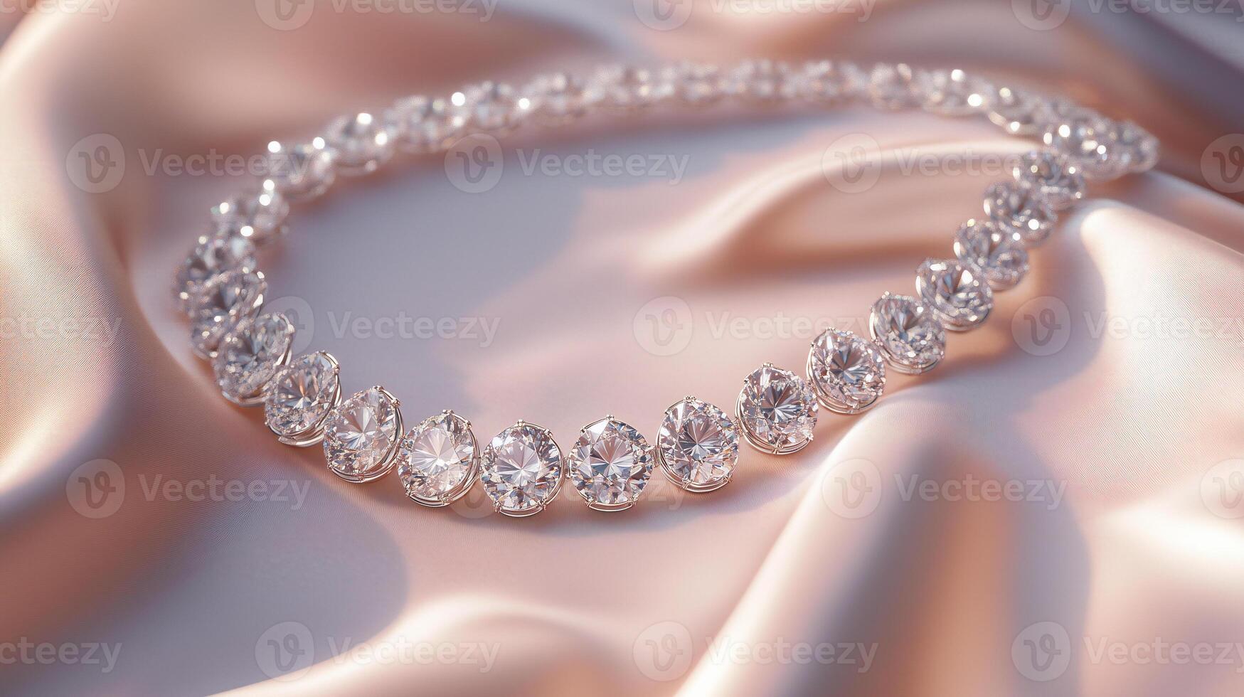 A close-up of a sparkling diamond necklace elegantly displayed on luxurious white satin fabric, highlighting its brilliance and sophistication. photo