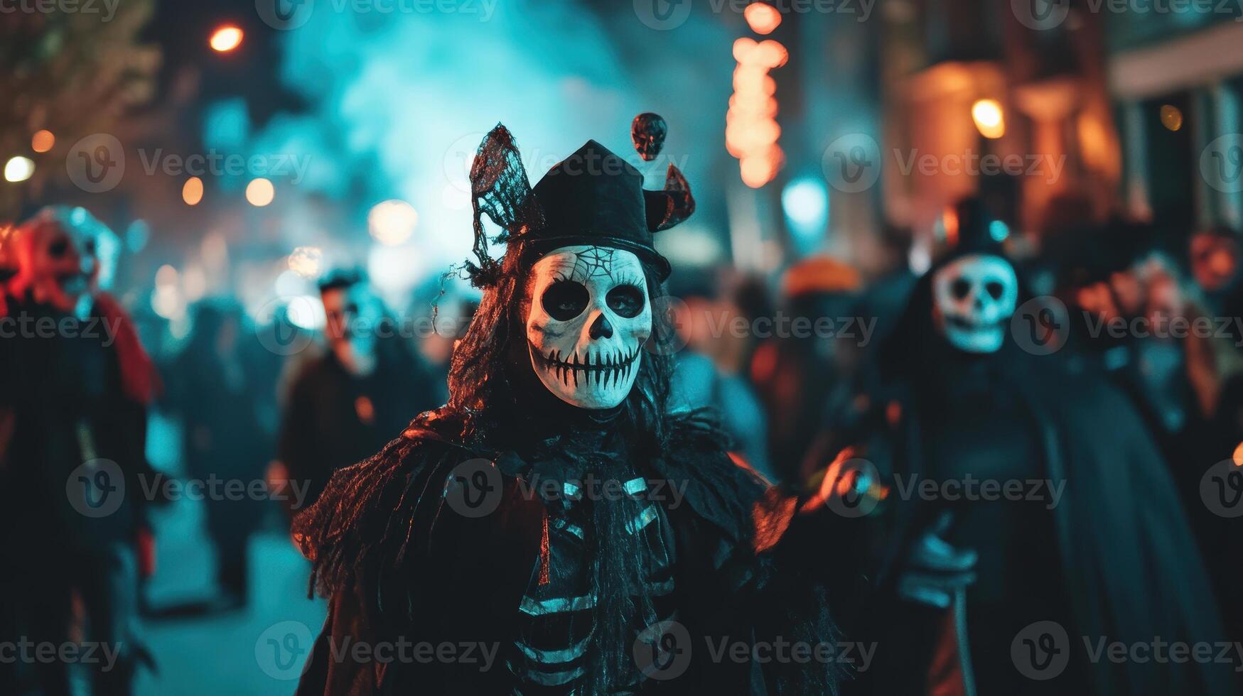 Crowd dressed in skeleton costumes during a nighttime Halloween parade, holding glowing lanterns and creating a spooky festive atmosphere. photo