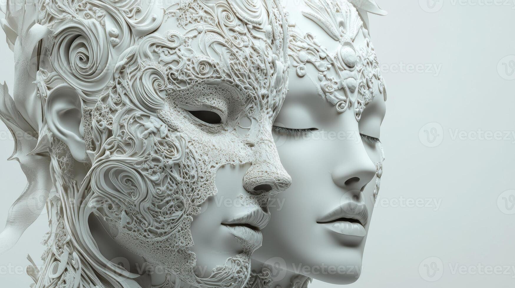 A close-up of two intricate, surreal white masks with detailed patterns, evoking a sense of mystery, art, and fantasy. photo