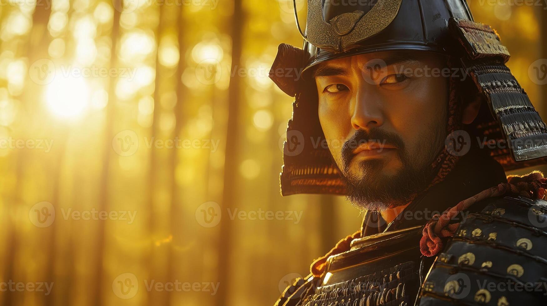 A focused samurai warrior in traditional armor stands in front of a glowing sunset, symbolizing honor, strength, and resilience. photo