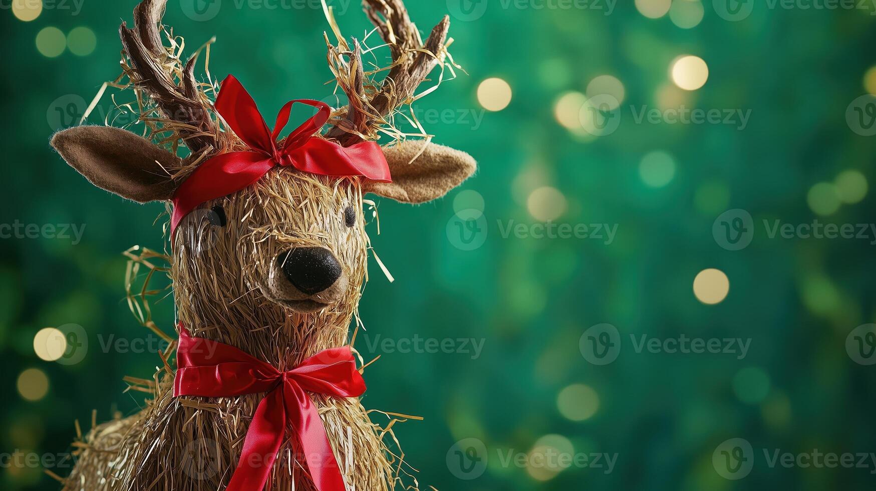 A traditional Julbock made of straw, decorated with bright red ribbons, standing against a vibrant green background, representing Scandinavian Christmas traditions. photo