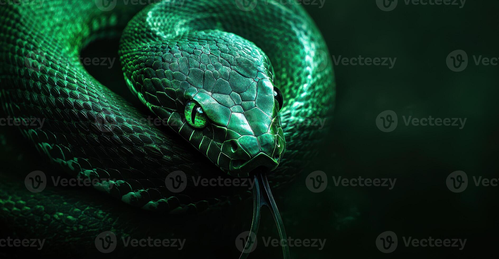 Intricately carved green snake with bright emerald eyes, symbolizing 2025. photo