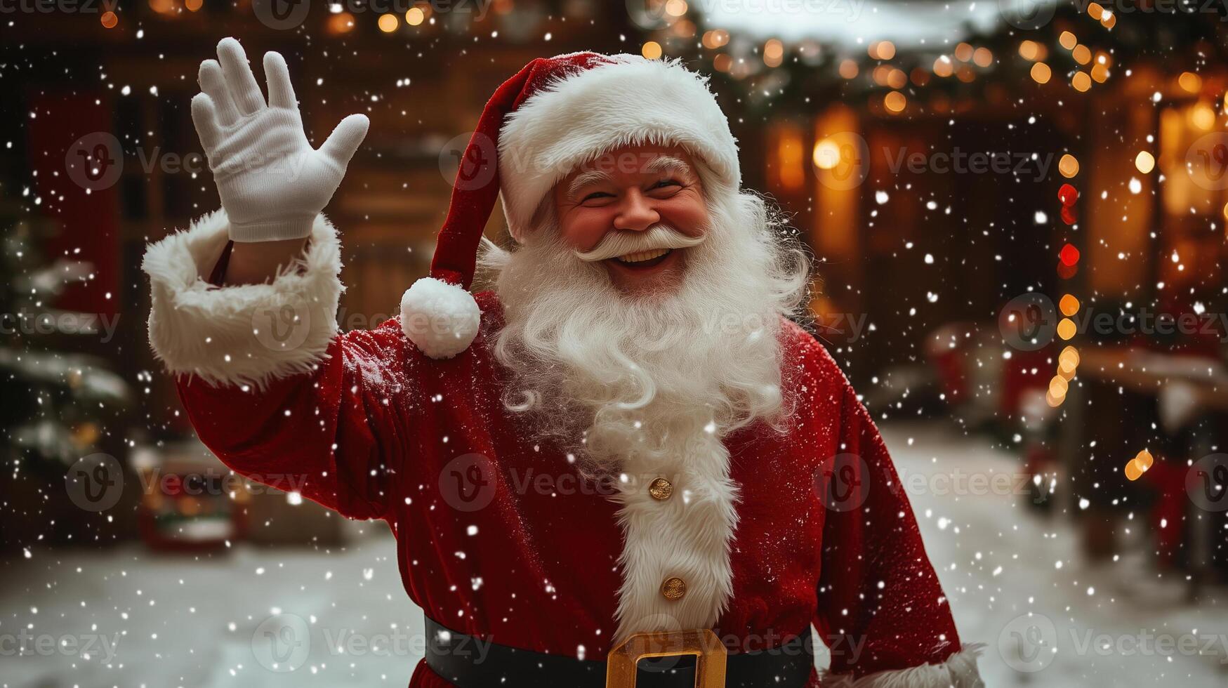 A cheerful Santa Claus waving, dressed in a classic red suit with white fur trim, standing in a festive, snow-covered street filled with warm holiday lights. photo