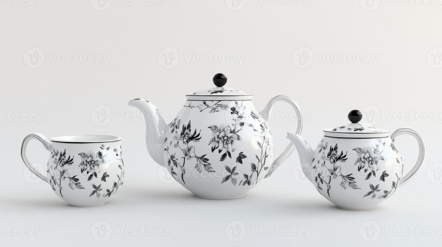 A refined black and white tea set featuring intricate floral patterns, including a teapot, creamer, and cup, displayed on a minimal background. photo