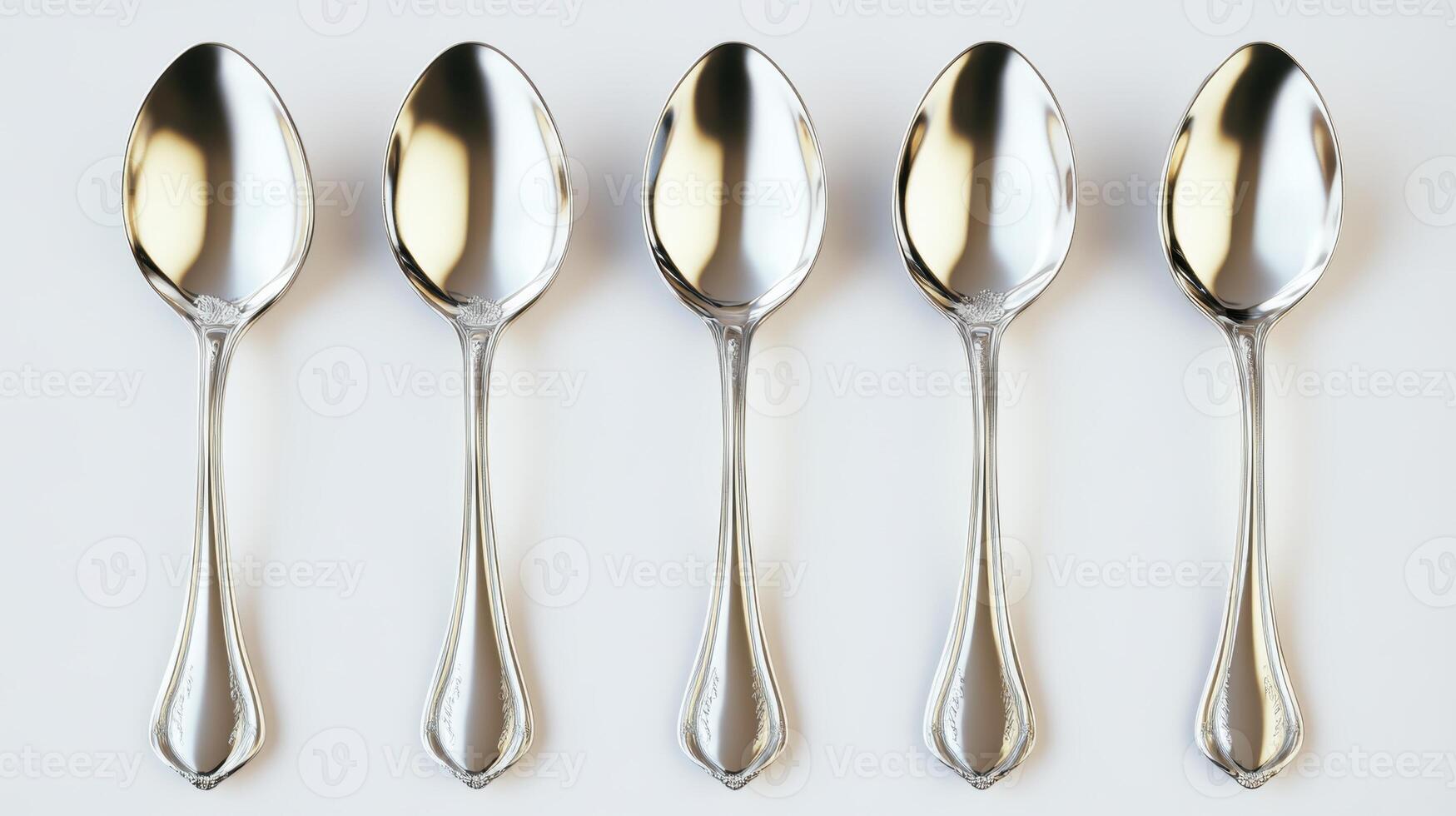 A neatly arranged set of five polished silver spoons, reflecting light on a white surface, showcasing elegant craftsmanship and symmetry. photo