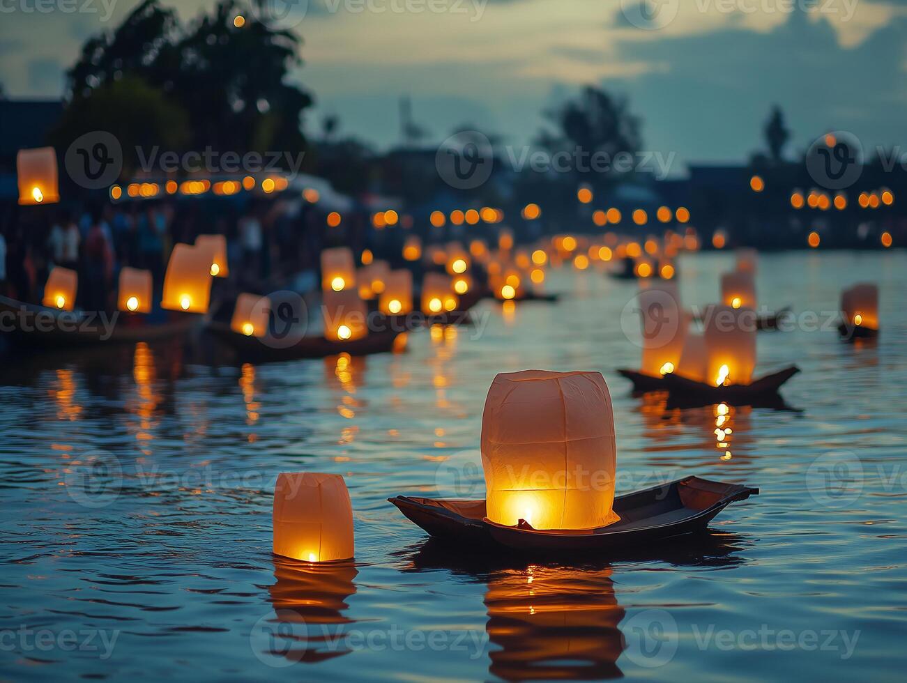 Glowing lanterns float on water during a night festival, with a golden Buddha statue in the background, creating a serene and spiritual ambiance. photo
