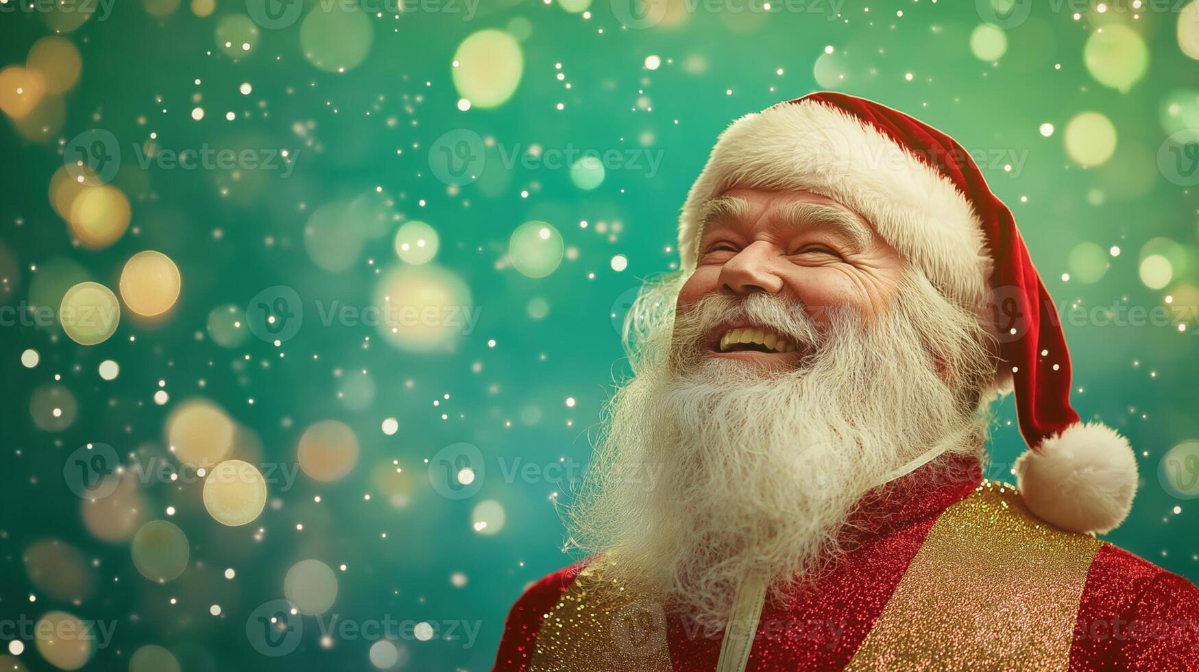 Babbo Natale with a big smile, dressed in a red suit with gold accents, standing against a vibrant green background filled with festive light bokeh. photo