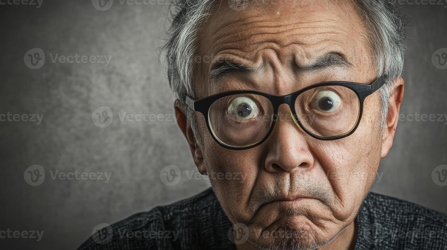Portrait of an elderly Asian man wearing glasses with a deeply confused expression, set against a soft gray background with gentle lighting. photo