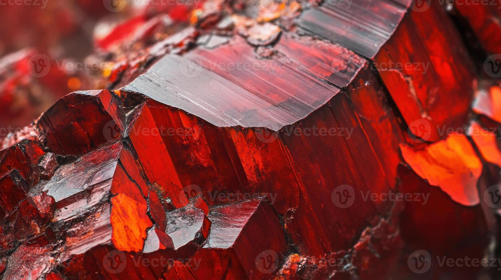 Close-up of cinnabar crystal revealing its intense red color and intricate geometric formations photo